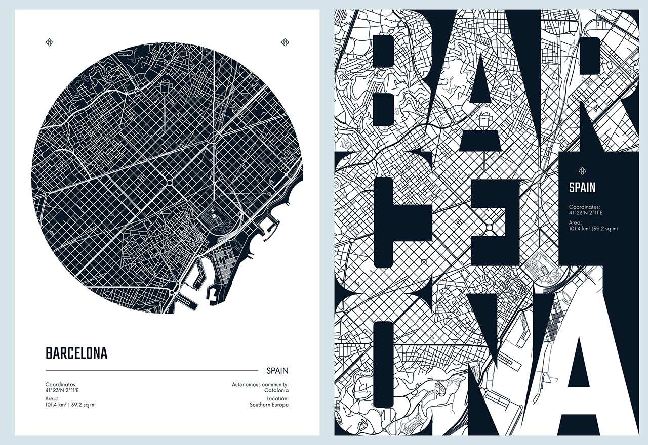 Poster - Kaartontwerp Barcelona / Set van 2