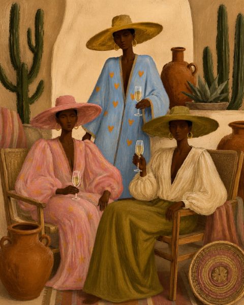 Poster - Elegant Trio met Strohoeden