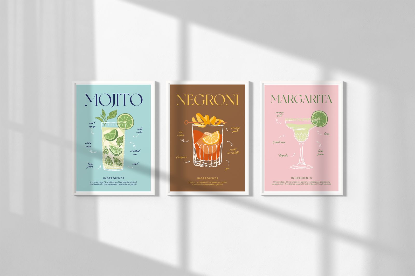 Poster - Cocktail Recept Kunst / Set van 3