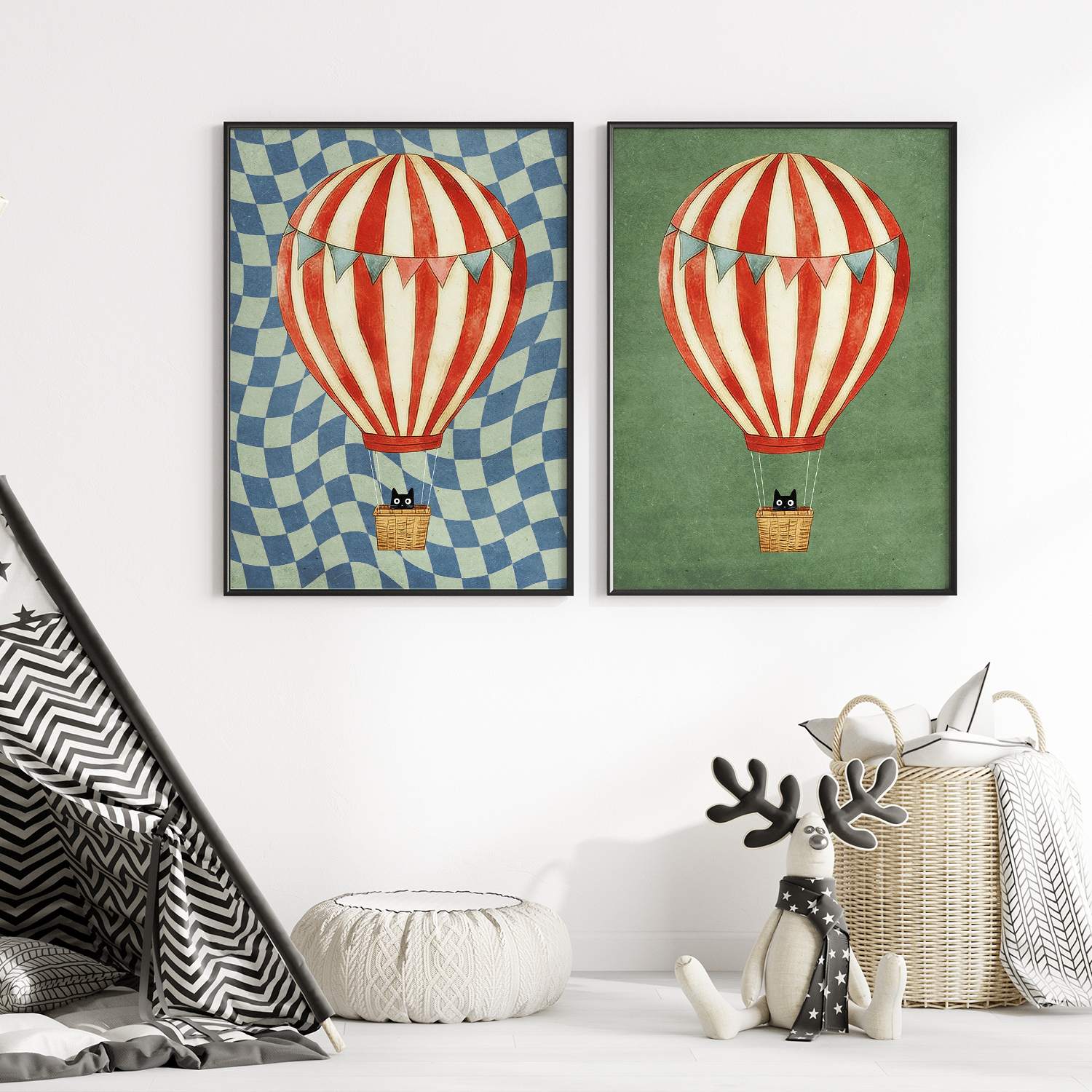 Poster - Luchtballon Kat / Set van 2