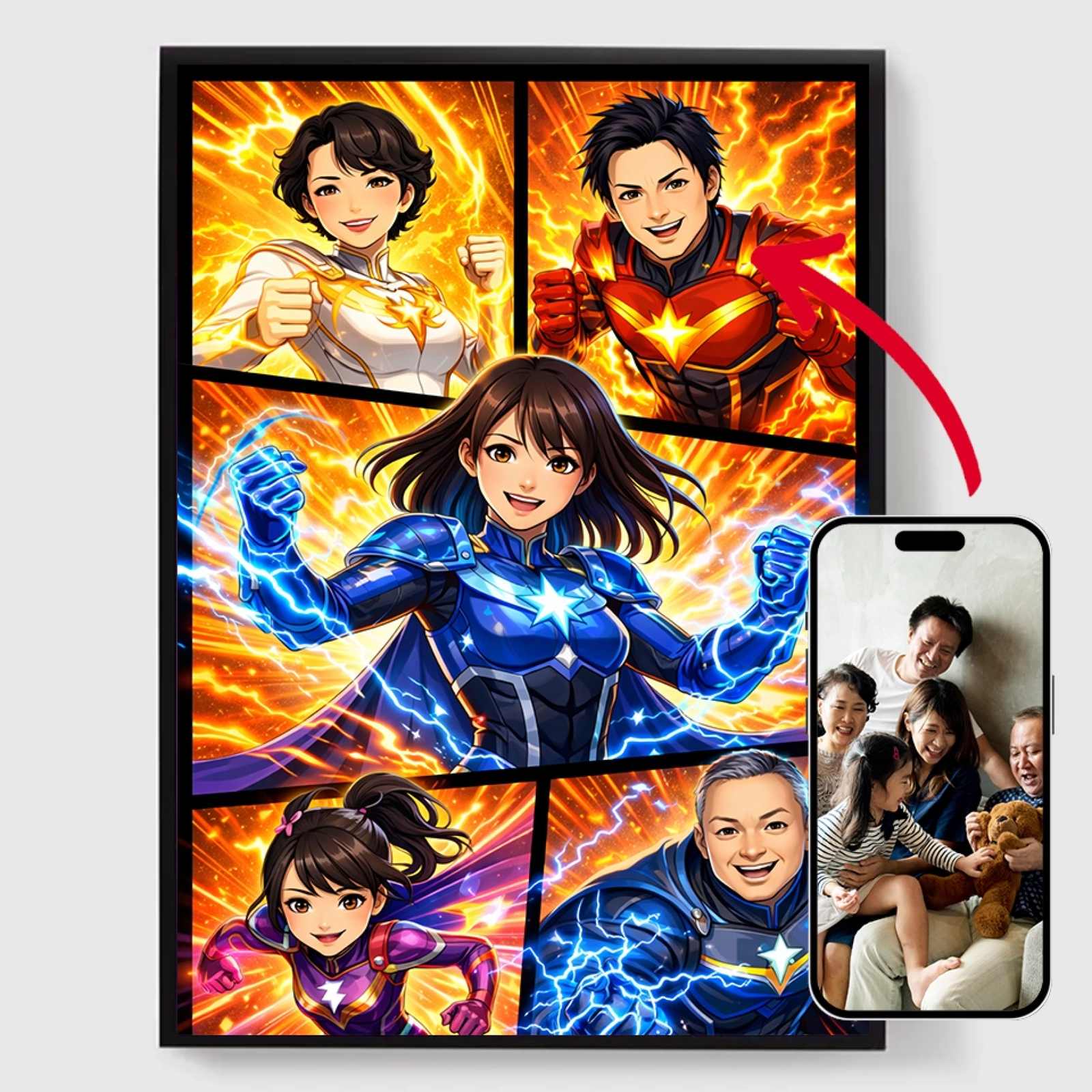 Gepersonaliseerde Poster - Anime Superhelden Familieportret - AI Poster