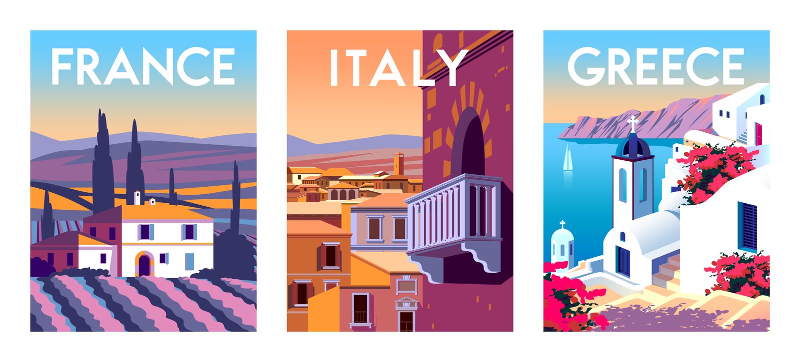 Poster - Frankrijk, Italië, Griekenland / Set van 3
