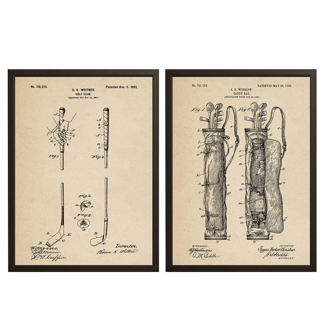 Octrooitekening Poster - Golfclub en Caddy Tas / Set van 2