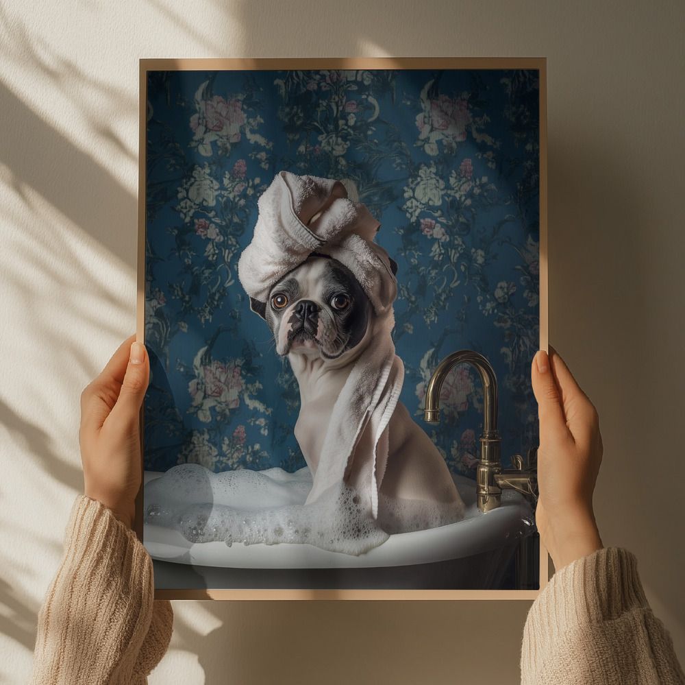 Poster - Stijlvolle Mopshond in Bubbelbad