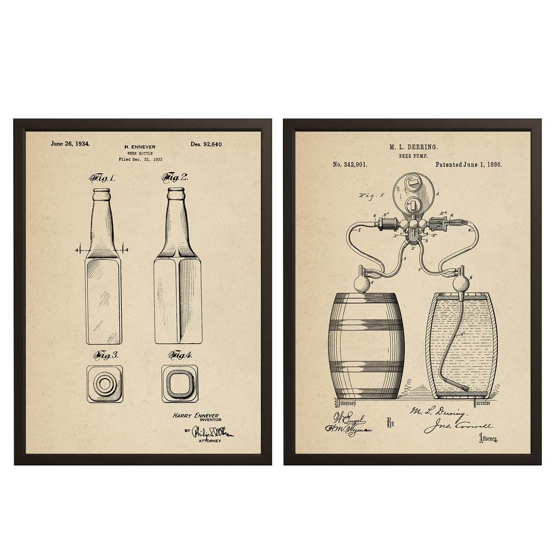 Octrooitekening Poster - Bierfles en Pomp / Set van 2