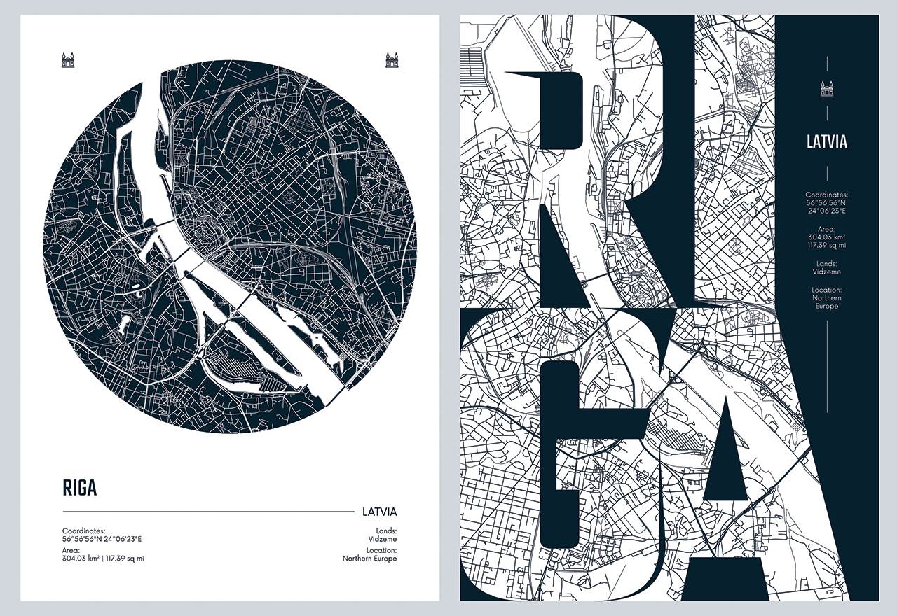 Poster - Riga Kaartontwerp / Set van 2