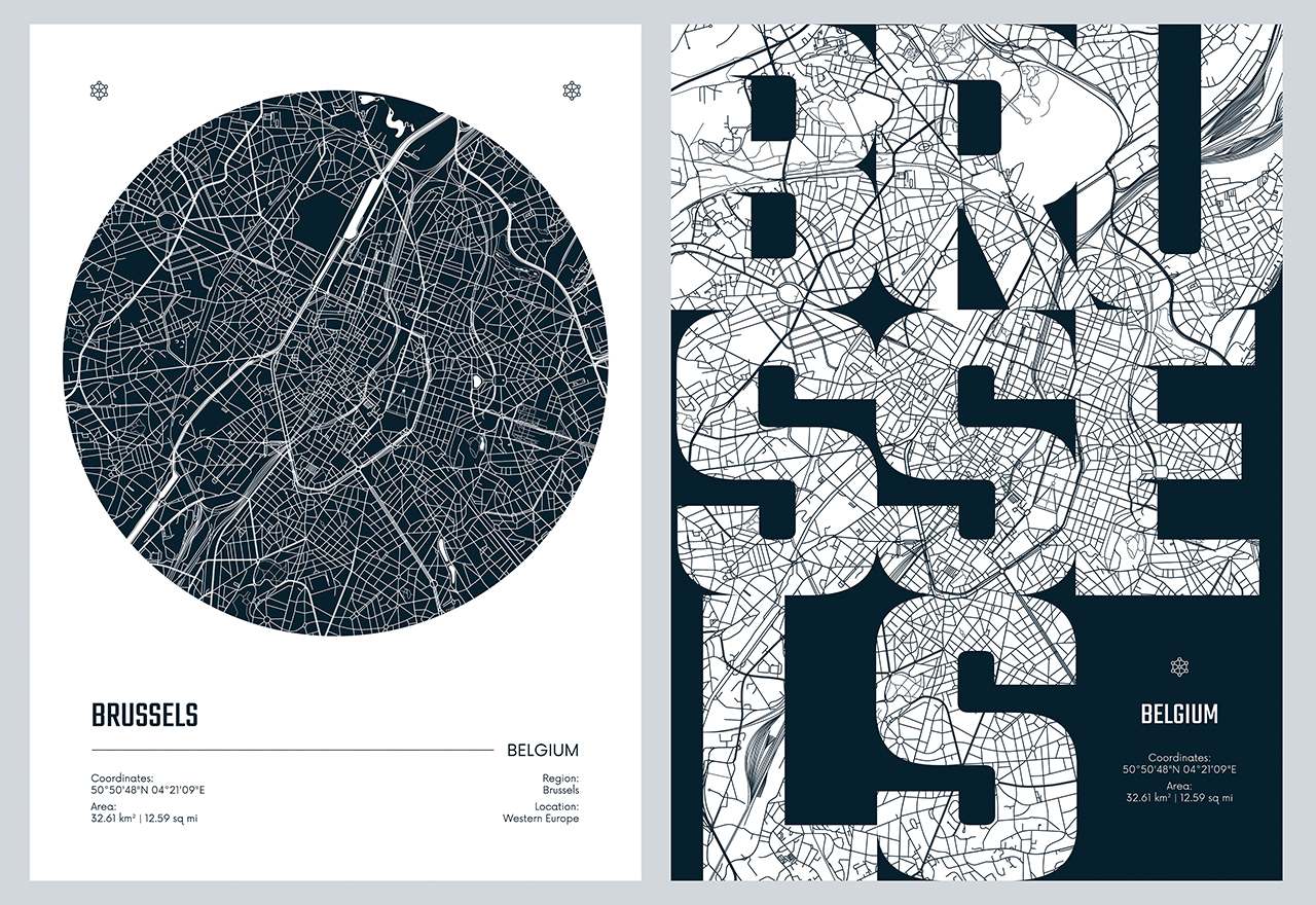 Poster - Brussel Kaart / Set van 2