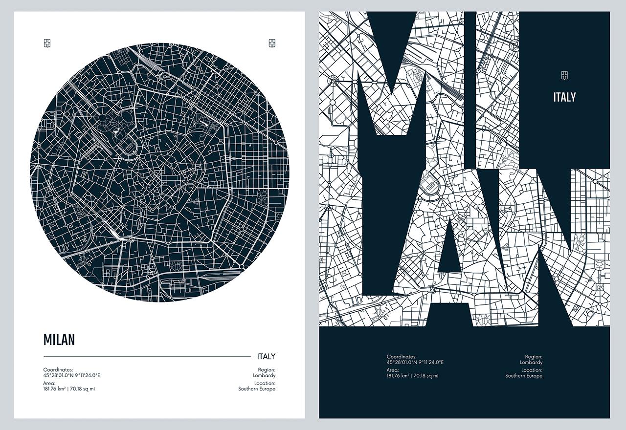 Poster - Milaan Stadskaart / Set van 2