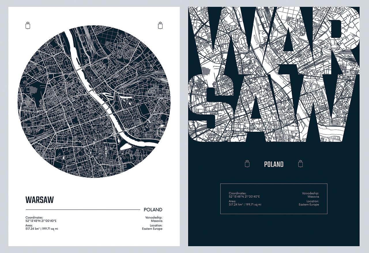 Poster - Warschau kaart / Set van 2