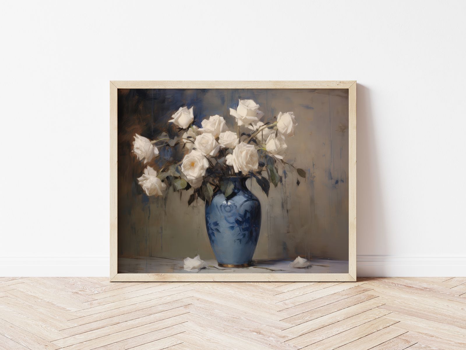 Poster - Witte Rozen in Blauwe Vaas