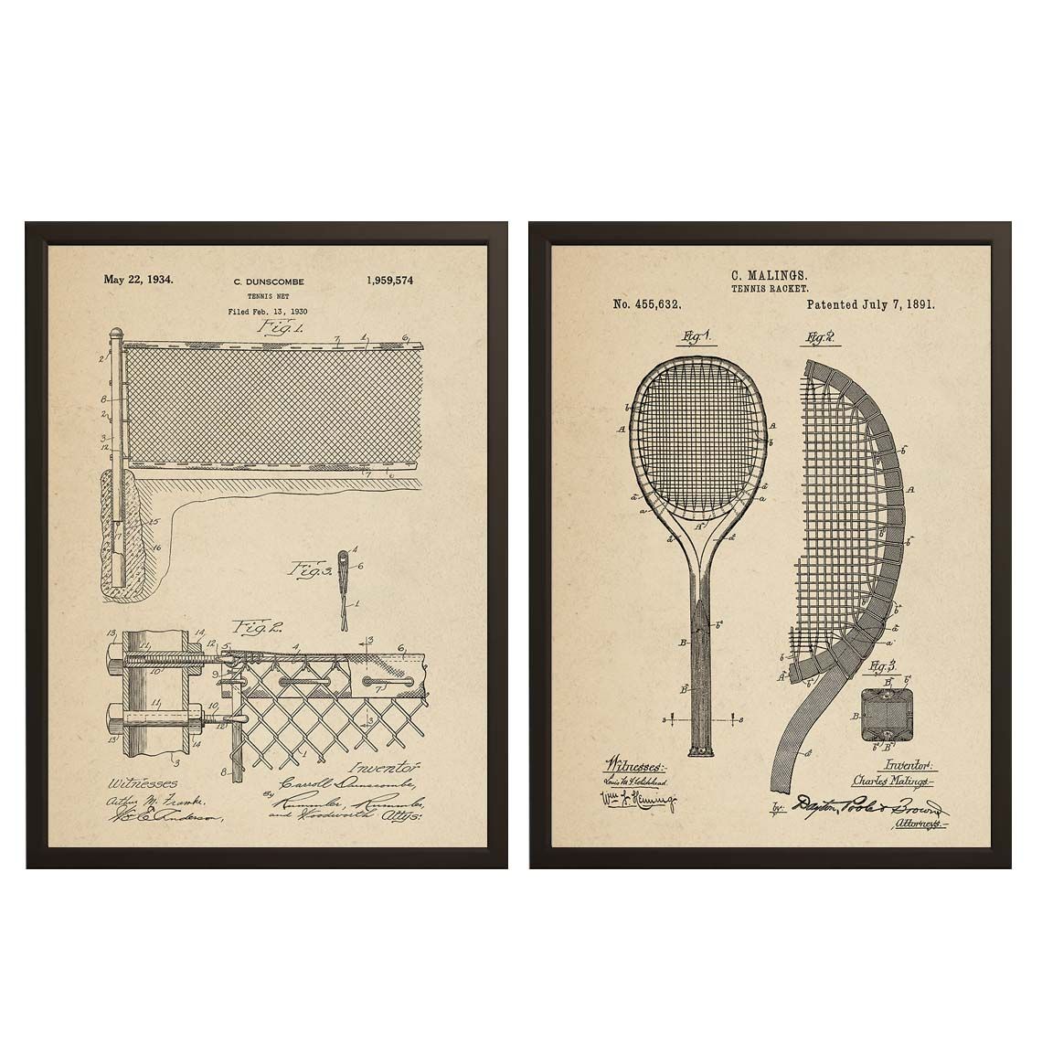 Octrooitekening Poster - Tennisnet & Racket / Set van 2