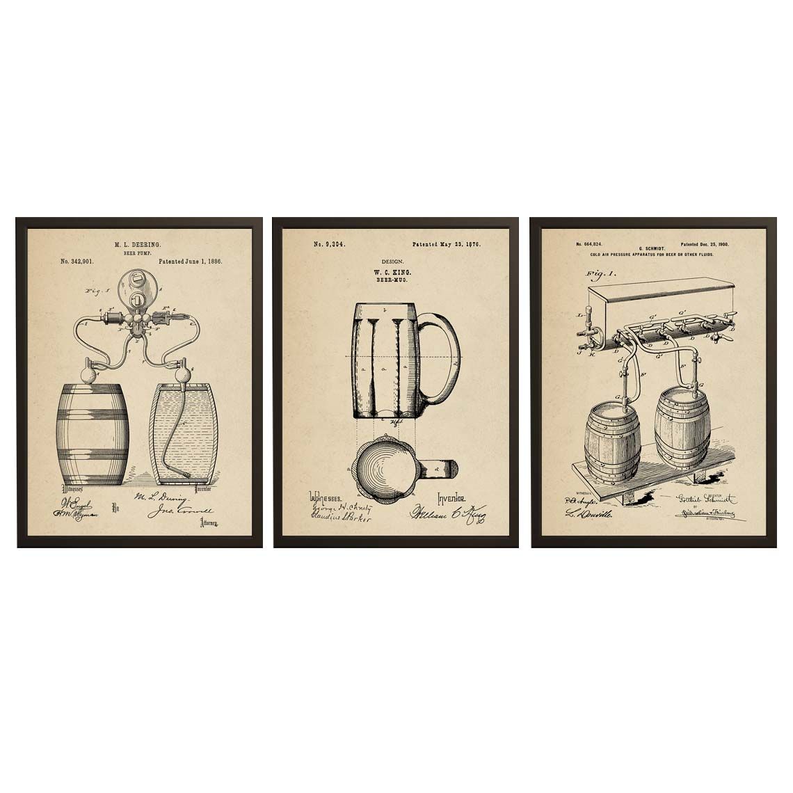 Octrooitekening Poster - Bierkruik en Pomp Set van 3