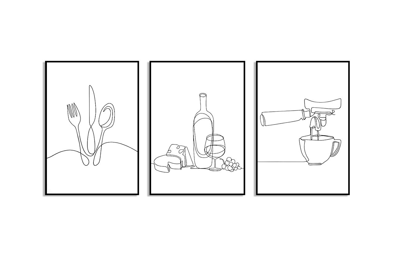 Minimalistische keuken line art poster - Set van 3