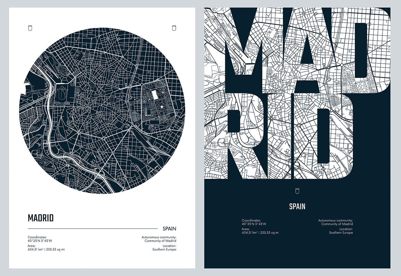 Poster - Madrid Kaart Kunst / Set van 2