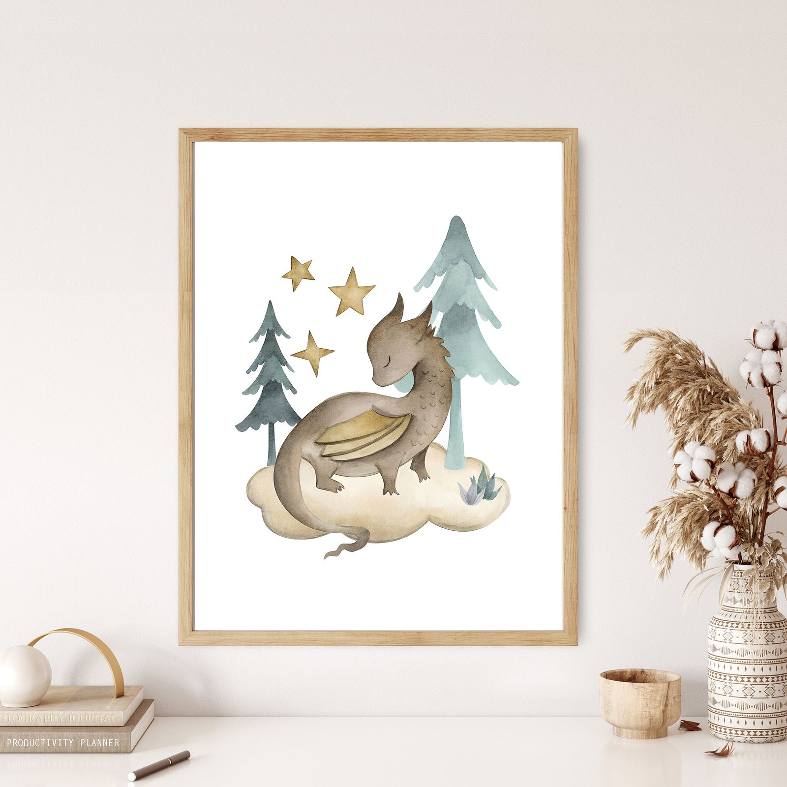 Drakenposter met sterren en bomen