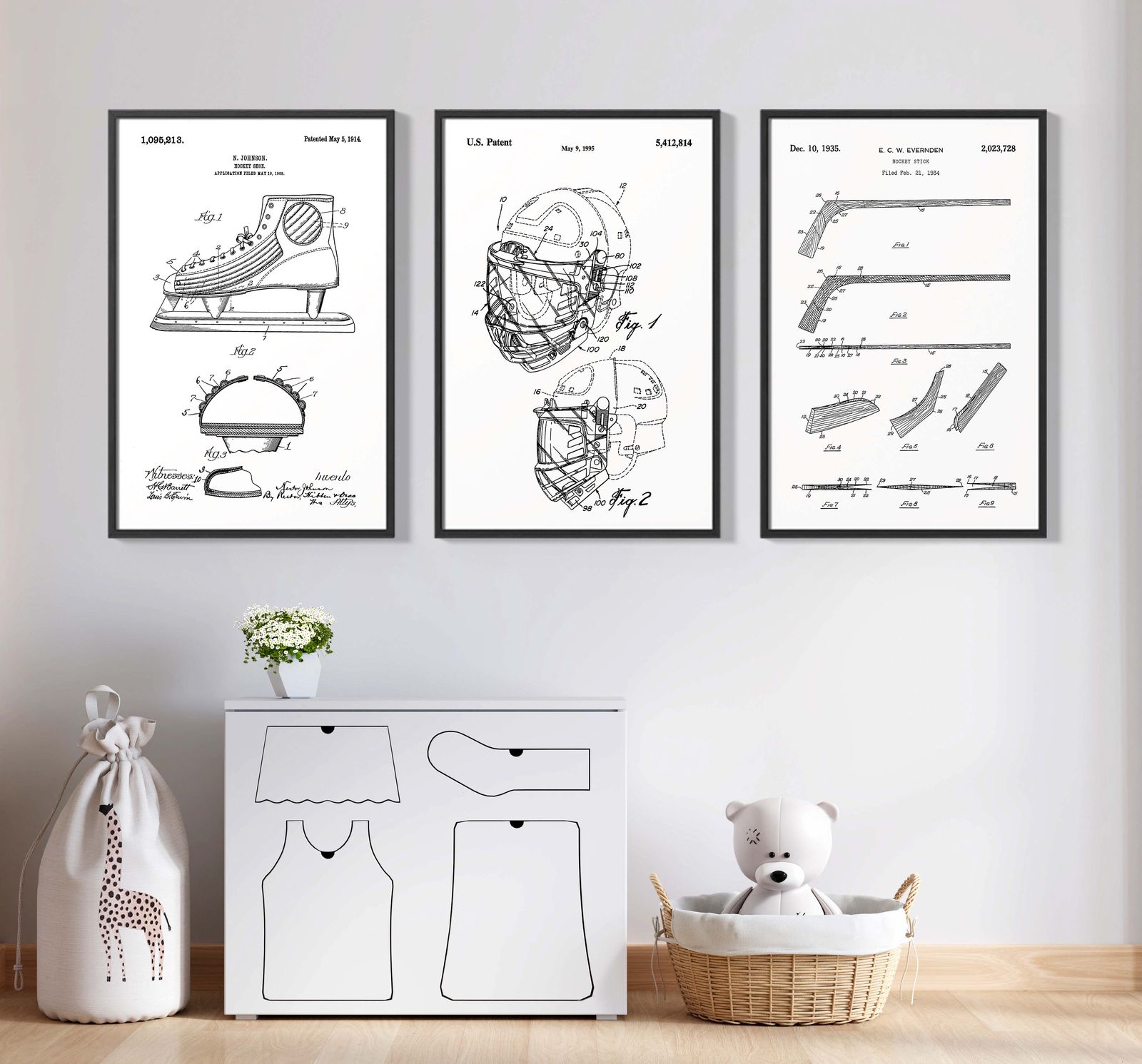 Patenttekening Poster - IJshockey / Set van 3