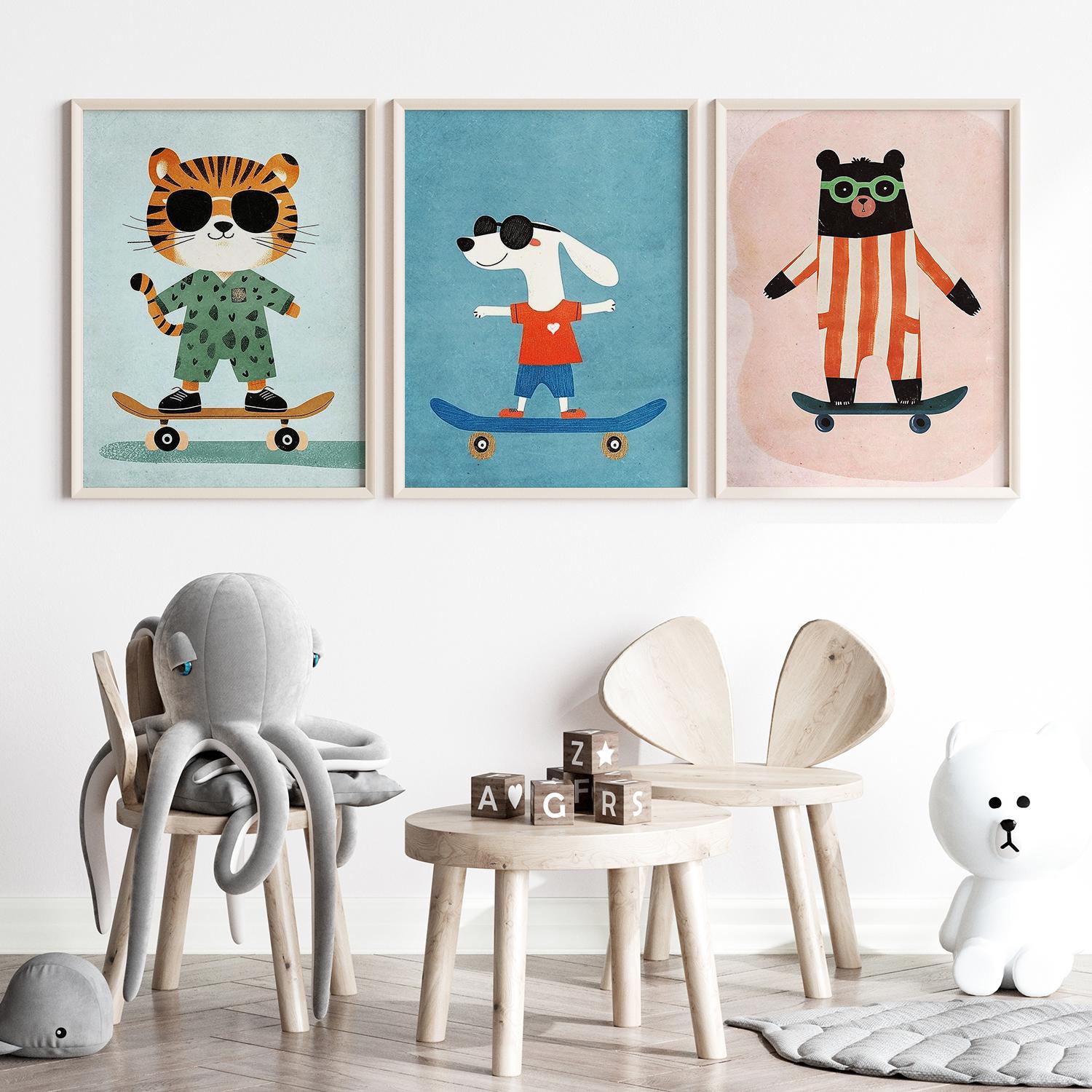Poster - Coole Skateboard Dieren / Set van 3
