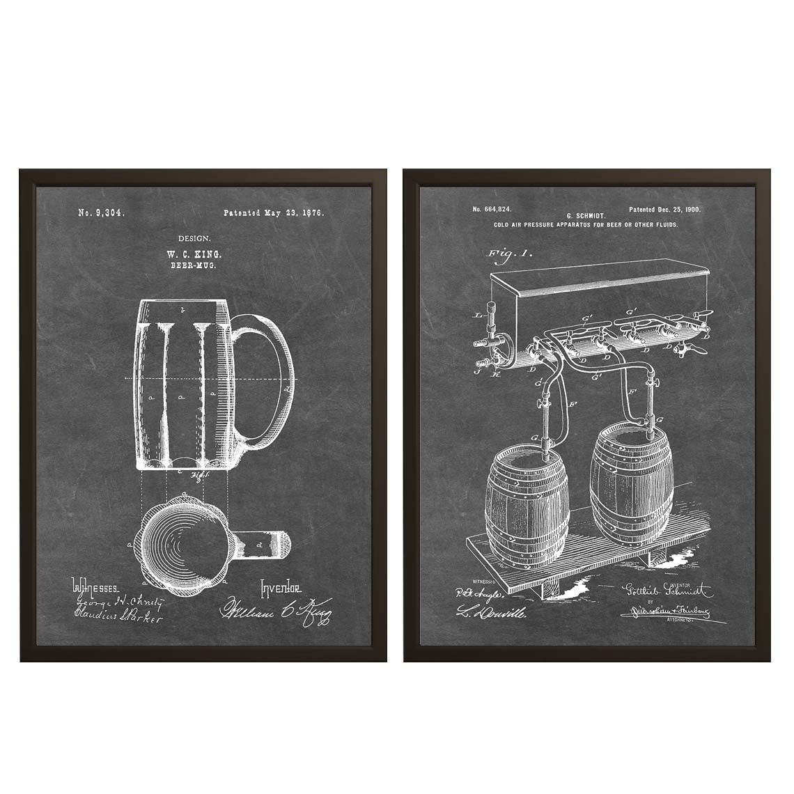 Octrooitekend Poster - Bierpullen en Vaten / Set van 2