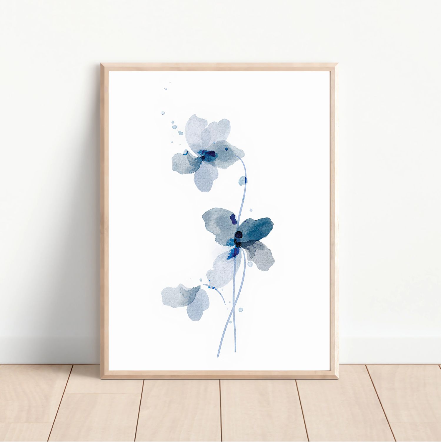 Blauw Bloemen Aquarel Muurposter