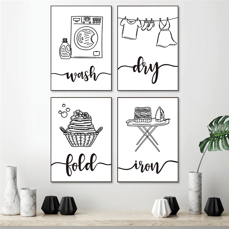 Posters - Wasserij / Wash, Dry, Fold, Iron / Set van 4