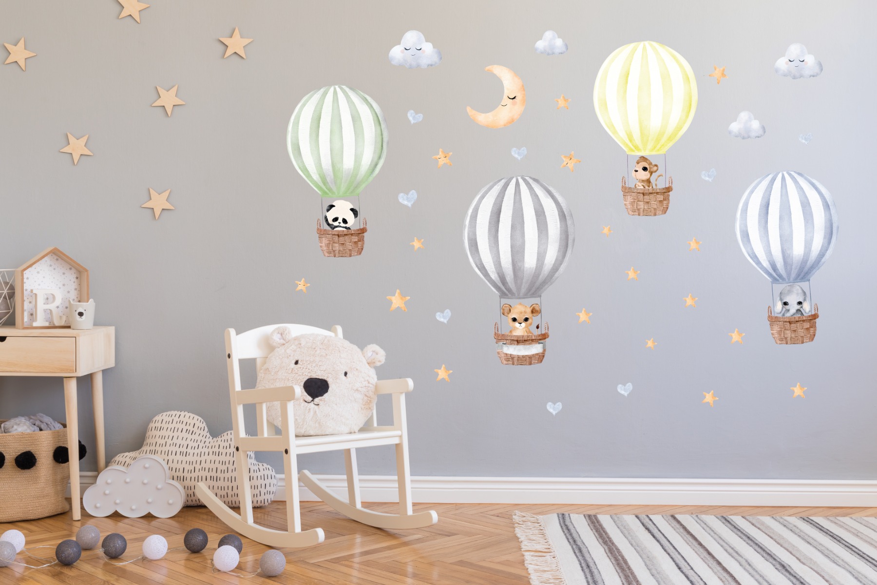 Muursticker - Dieren in heteluchtballonnen / Meerkleurig / Gepersonaliseerd