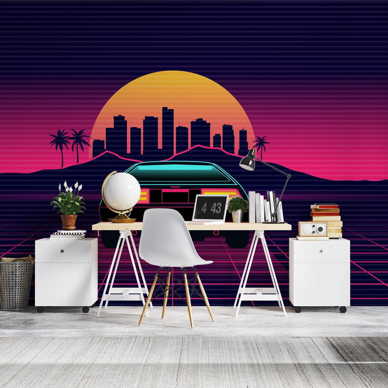 Behang - Retro Zonsondergang Auto