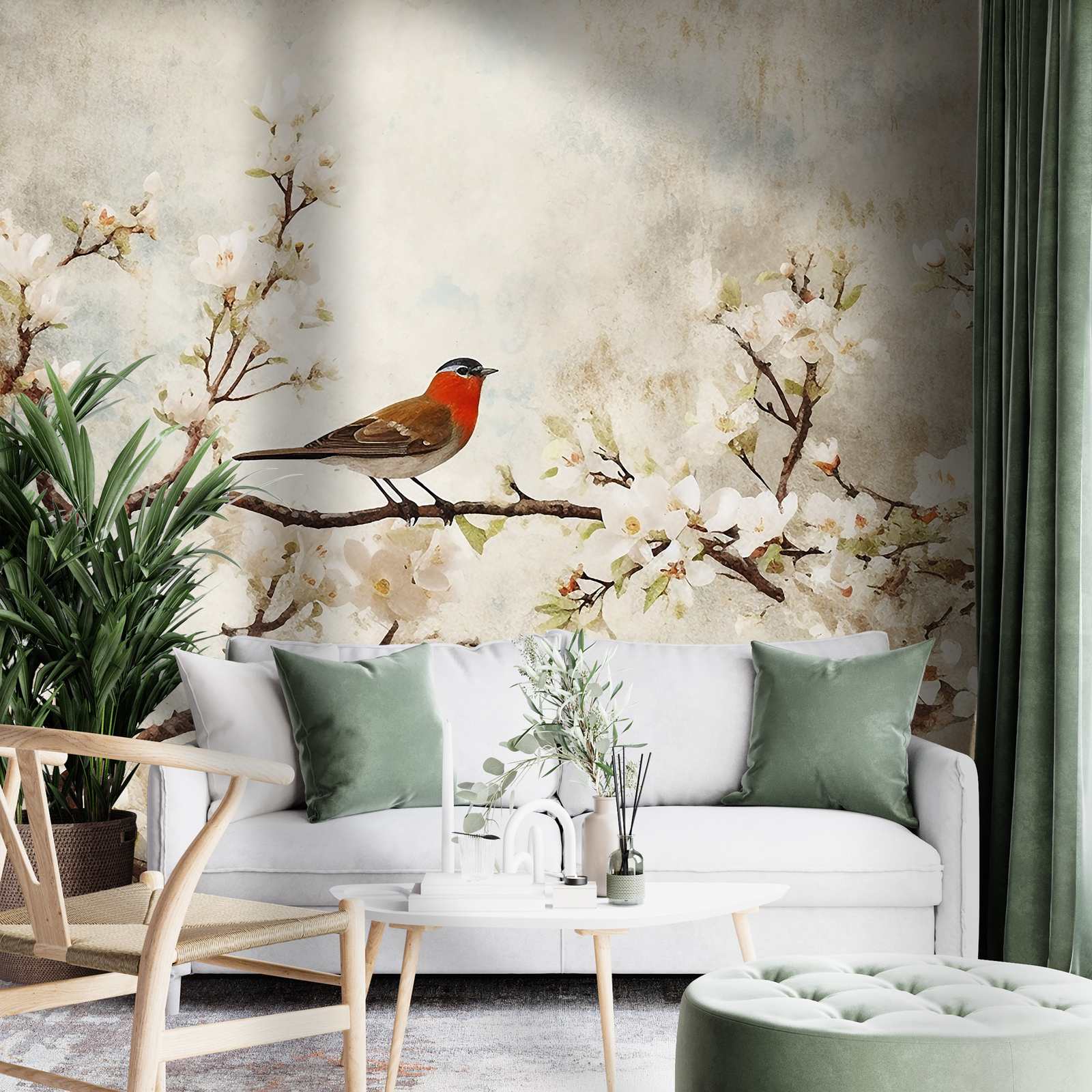 Behang - Vogel en Bloemendesign